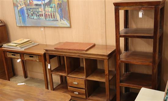 A hardwood office storage cabinet, fitted two drawers and open shelves, a narrow four tier unit and a side table, largest W.110cm